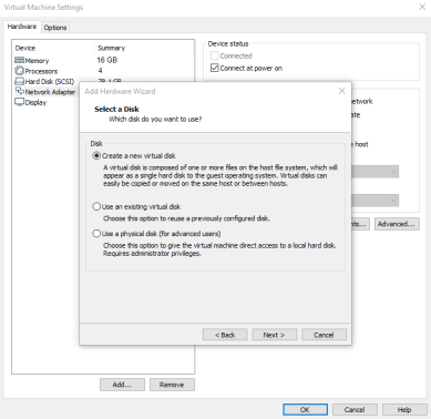 Add hardware wizard with the Create a new virtual disk setting checked. 